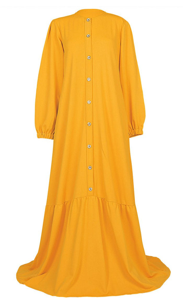 Women's Front Button Yellow Warm Pantroma Abaya With Pockets - EastEssence.com