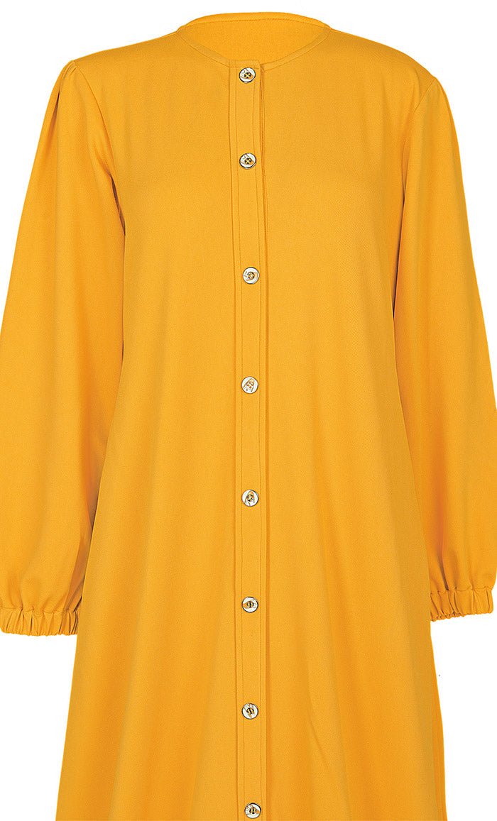 Women's Front Button Yellow Warm Pantroma Abaya With Pockets - EastEssence.com