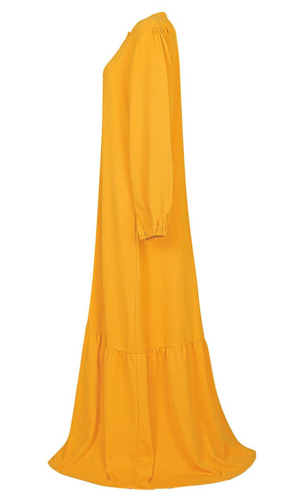 Women's Front Button Yellow Warm Pantroma Abaya With Pockets - EastEssence.com