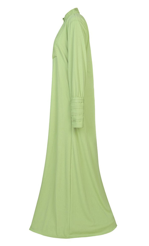 Women's Front Yoke And Sleeves Detailing Green Warm Pantroma Abaya With Pockets - EastEssence.com