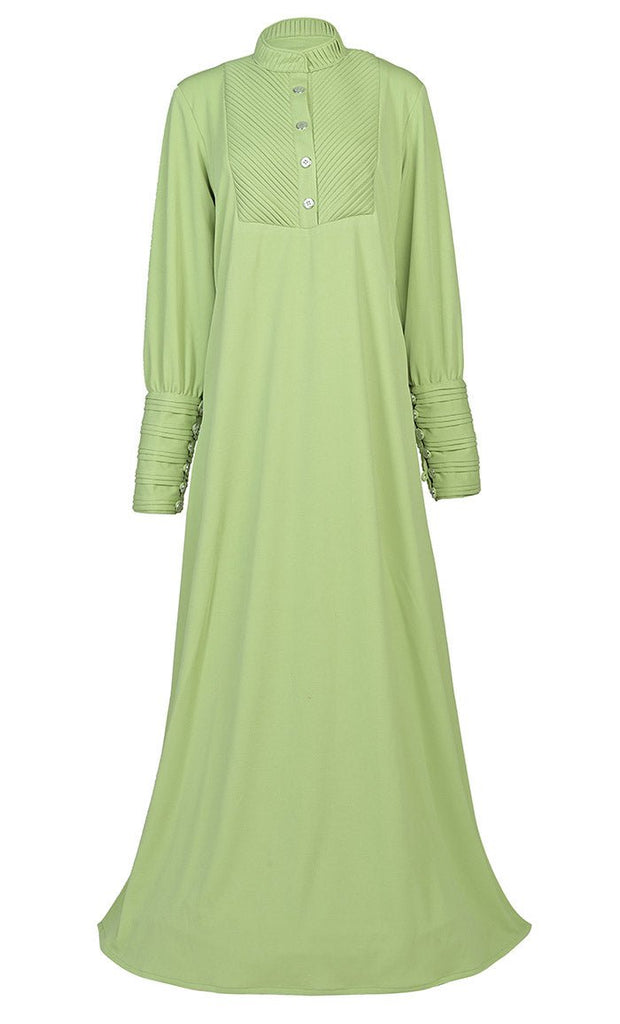 Women's Front Yoke And Sleeves Detailing Green Warm Pantroma Abaya With Pockets - EastEssence.com