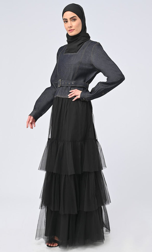 Women's Graceful Denim Flared Abaya With Net Detailing On Bottom - EastEssence.com