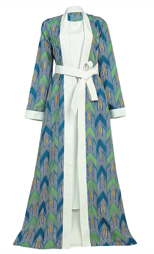 Women's Green Multi Abstract Printed Bhist With Lined Abaya - EastEssence.com