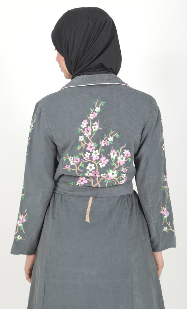 Women's Grey Button Down Embroidered Corduroy Abaya - EastEssence.com