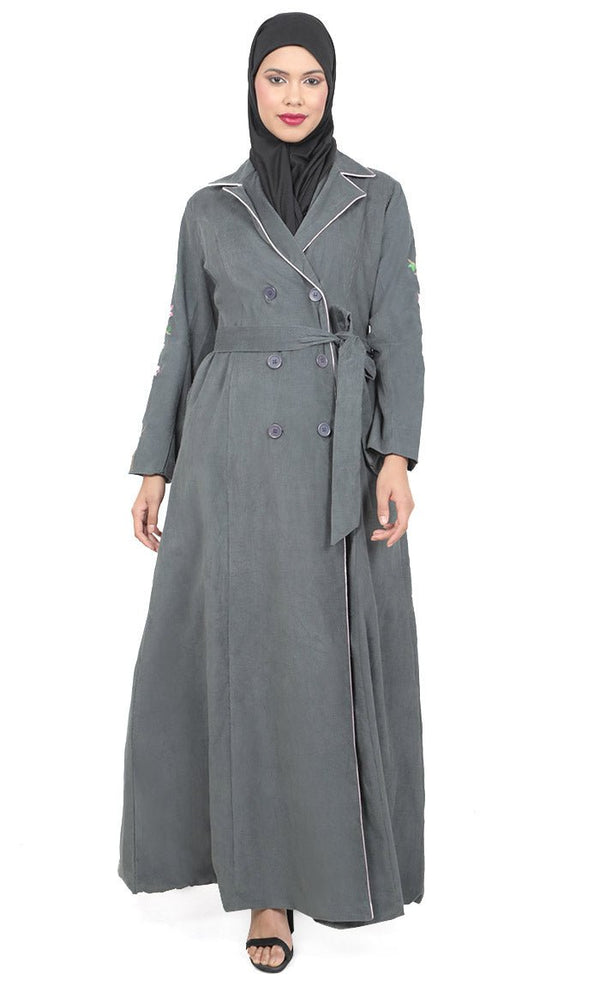 Women's Grey Button Down Embroidered Corduroy Abaya - EastEssence.com