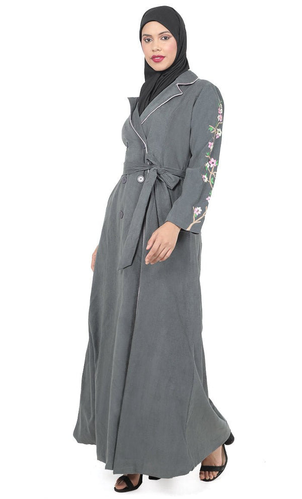 Women's Grey Button Down Embroidered Corduroy Abaya - EastEssence.com