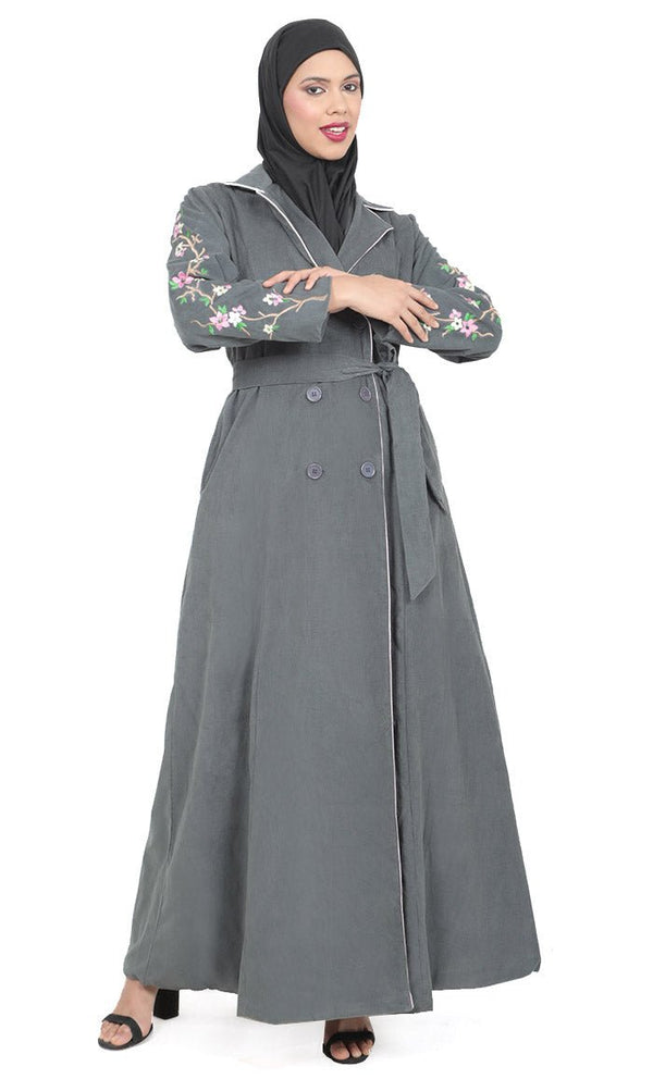 Women's Grey Button Down Embroidered Corduroy Abaya - EastEssence.com