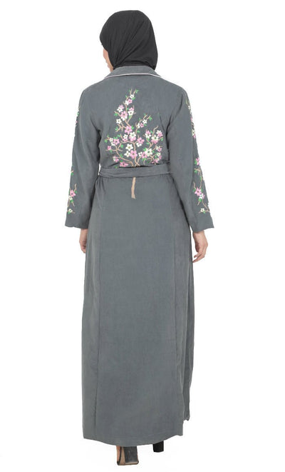 Women's Grey Button Down Embroidered Corduroy Abaya - EastEssence.com
