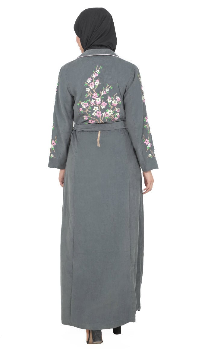 Women's Grey Button Down Embroidered Corduroy Abaya - EastEssence.com
