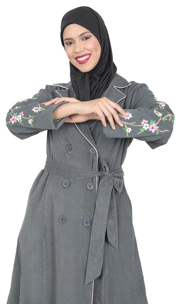 Women's Grey Button Down Embroidered Corduroy Abaya - EastEssence.com