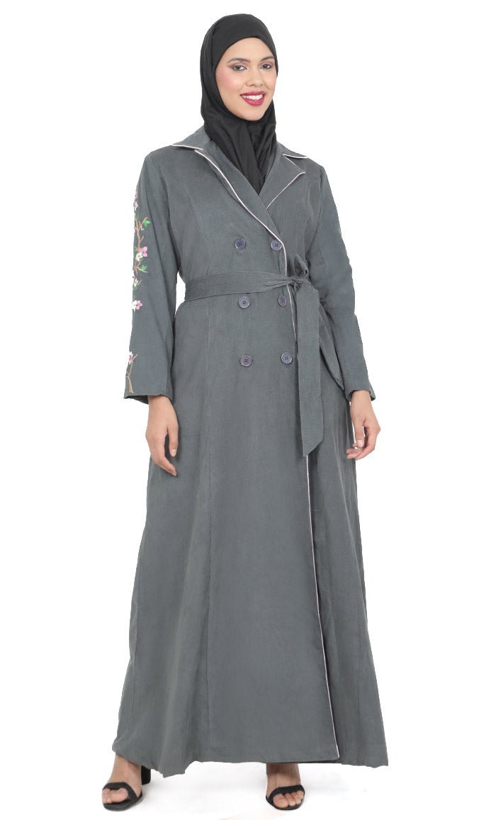 Women's Grey Button Down Embroidered Corduroy Abaya - EastEssence.com