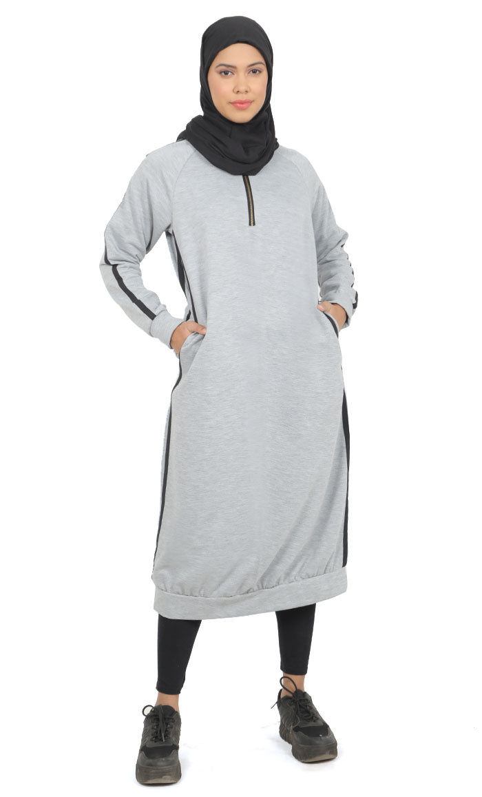 Women's Grey Fleece Long Tunic With Side Contrasted Panel And Pockets - EastEssence.com