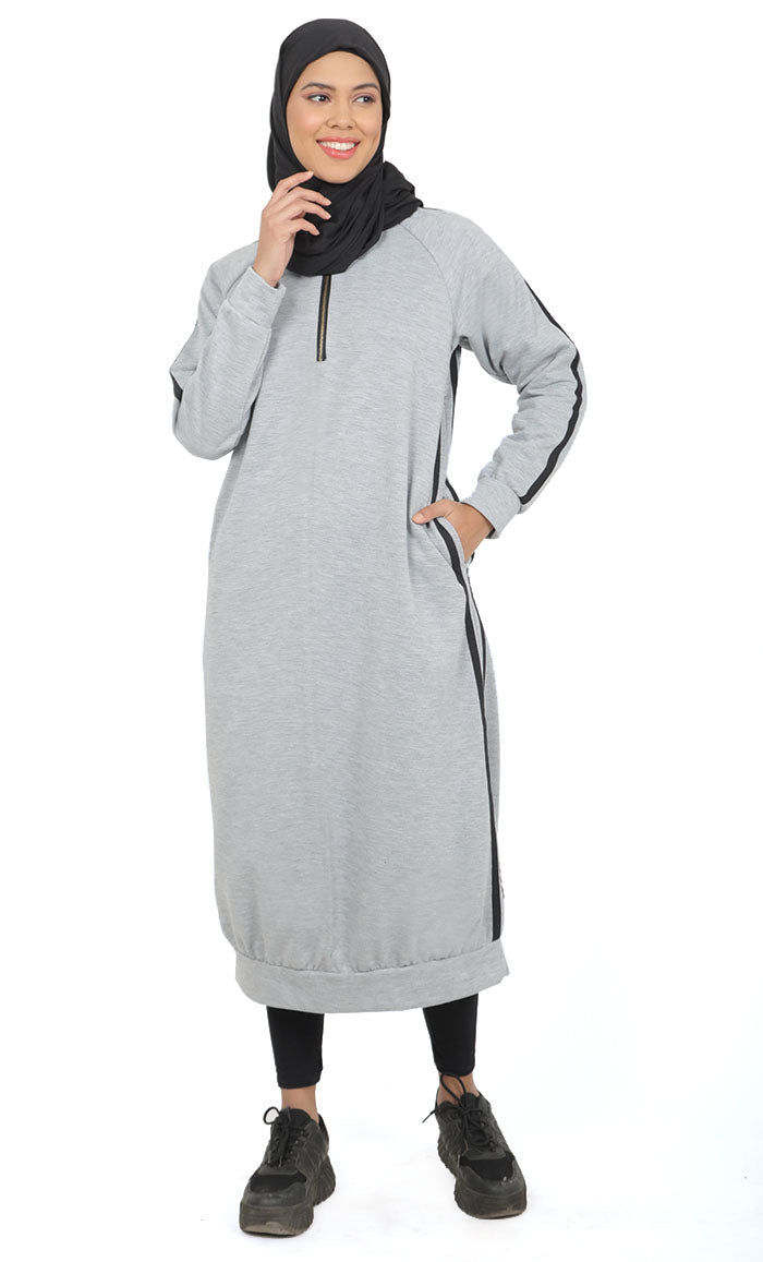 Women's Grey Fleece Long Tunic With Side Contrasted Panel And Pockets - EastEssence.com