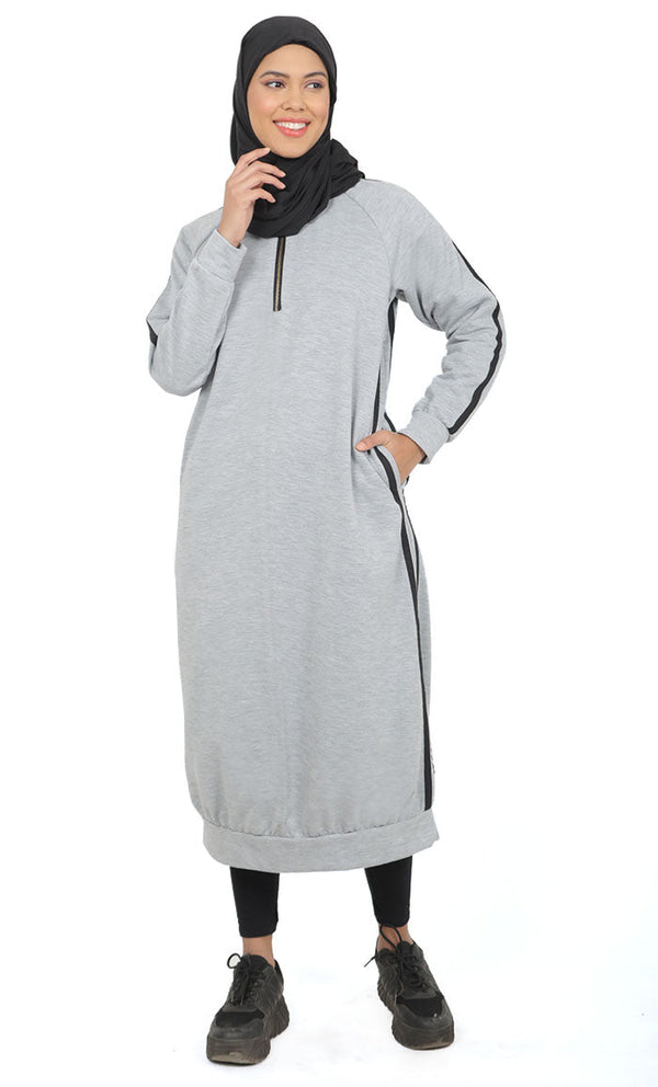 Women's Grey Fleece Long Tunic With Side Contrasted Panel And Pockets - EastEssence.com