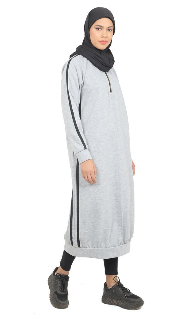 Women's Grey Fleece Long Tunic With Side Contrasted Panel And Pockets - EastEssence.com