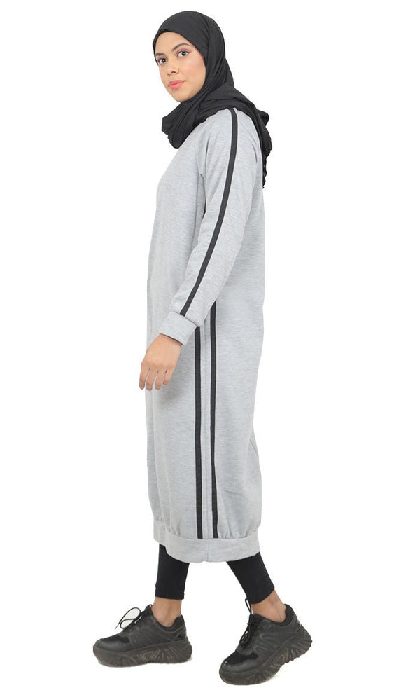 Women's Grey Fleece Long Tunic With Side Contrasted Panel And Pockets - EastEssence.com