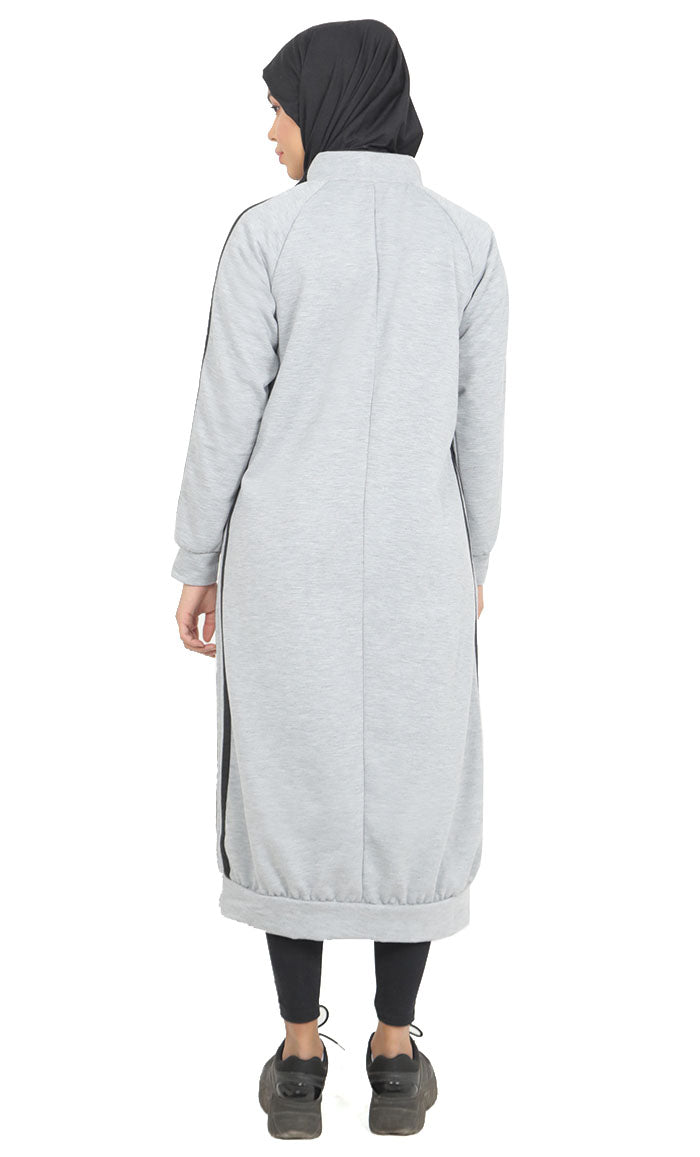 Women's Grey Fleece Long Tunic With Side Contrasted Panel And Pockets - EastEssence.com
