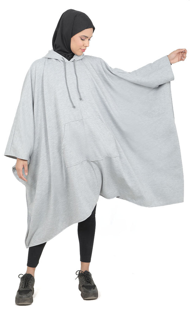 Women's Grey Kaftan Style Warm Fleece Hooded Tunic With Pockets - EastEssence.com