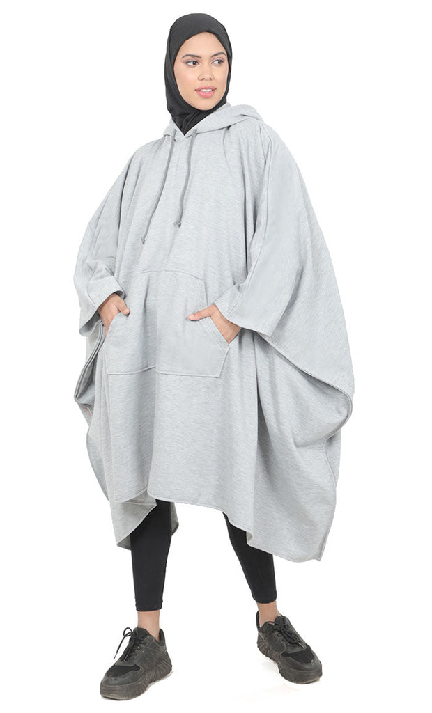 Women's Grey Kaftan Style Warm Fleece Hooded Tunic With Pockets - EastEssence.com
