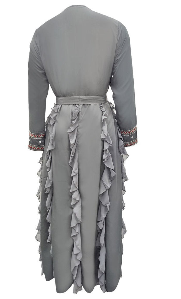 Women's Grey Lace And Ruffle Detailing Abaya - EastEssence.com
