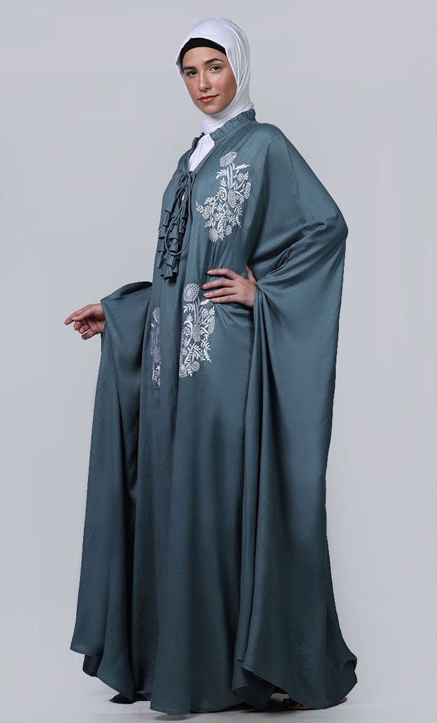 Women's grey new embroidered patch work detailing Abaya - EastEssence.com