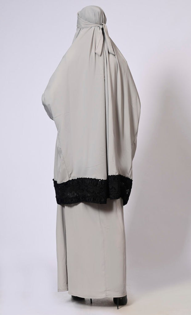 Women's Grey Niqab and Abaya Set with Stylish Lace Detailing - EastEssence.com