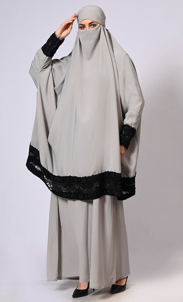 Women's Grey Niqab and Abaya Set with Stylish Lace Detailing - EastEssence.com