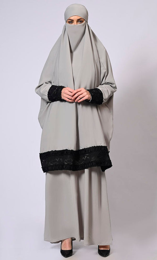 Women's Grey Niqab and Abaya Set with Stylish Lace Detailing - EastEssence.com