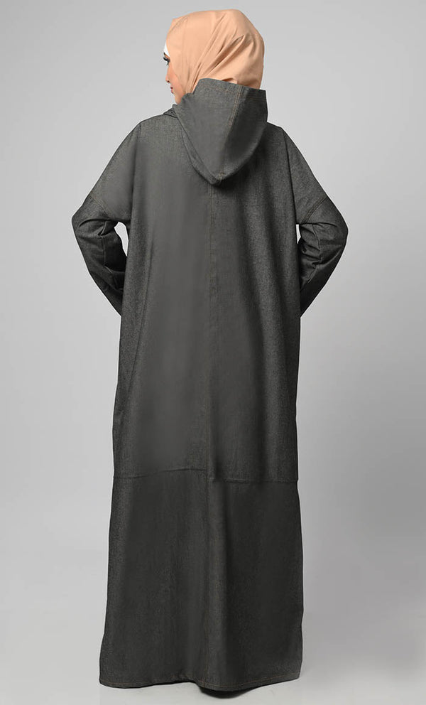 Women's Hooded Denim Abaya With Front Pockets Included - EastEssence.com
