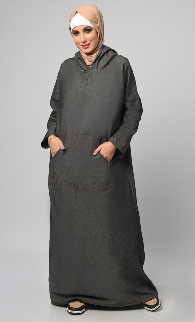 Women's Hooded Denim Abaya With Front Pockets Included - EastEssence.com