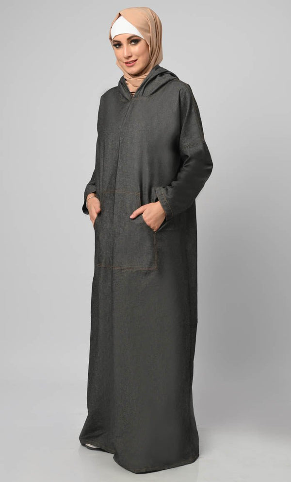 Women's Hooded Denim Abaya With Front Pockets Included - EastEssence.com