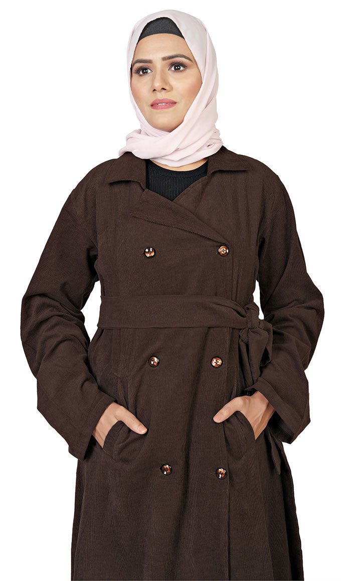Women's Islamic Brown Corduroy Overlaped Jacket With Lose Belt And Pockets - EastEssence.com