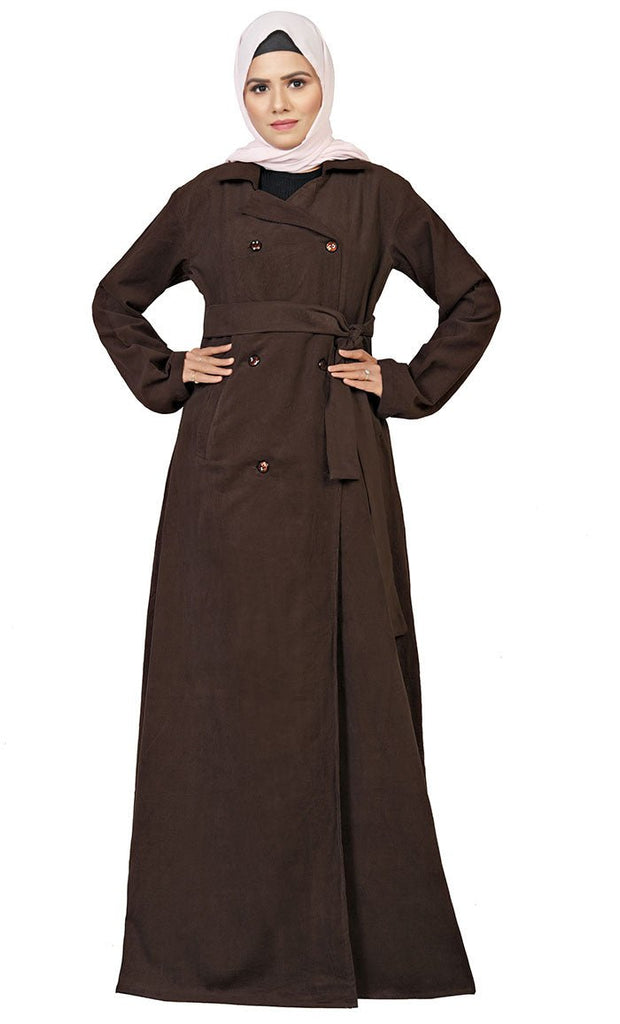Women's Islamic Brown Corduroy Overlaped Jacket With Lose Belt And Pockets - EastEssence.com