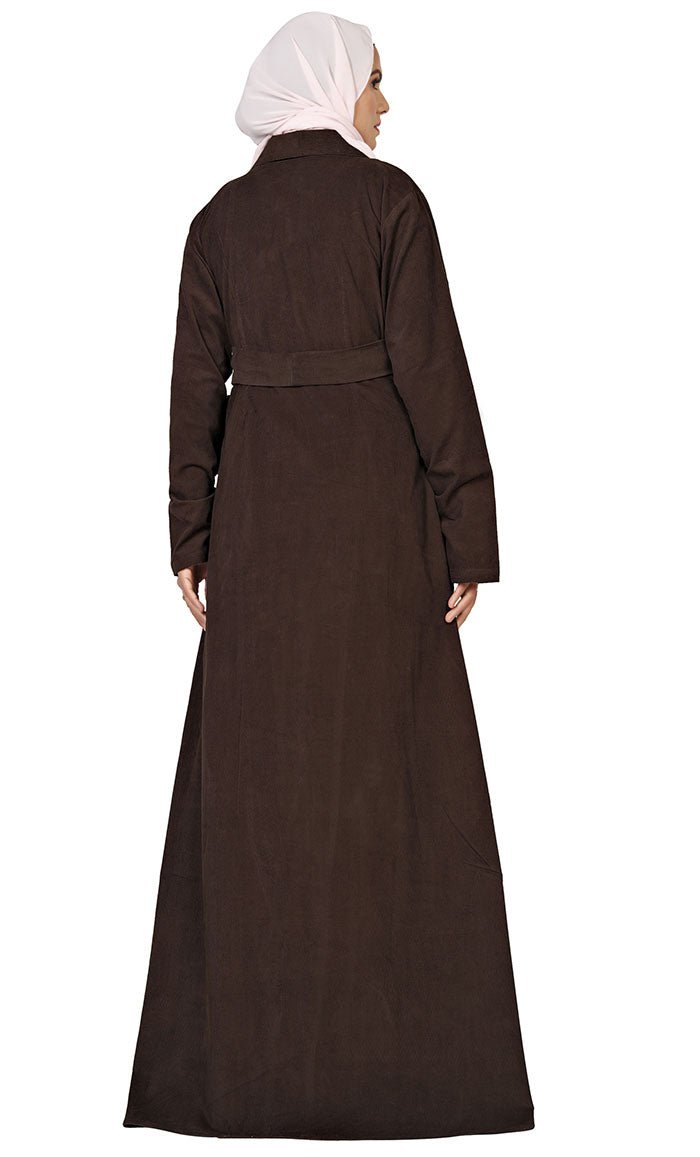 Women's Islamic Brown Corduroy Overlaped Jacket With Lose Belt And Pockets - EastEssence.com