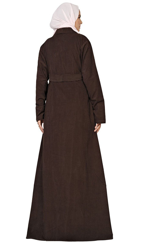 Women's Islamic Brown Corduroy Overlaped Jacket With Lose Belt And Pockets - EastEssence.com
