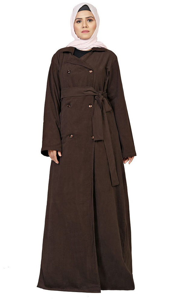 Women's Islamic Brown Corduroy Overlaped Jacket With Lose Belt And Pockets - EastEssence.com