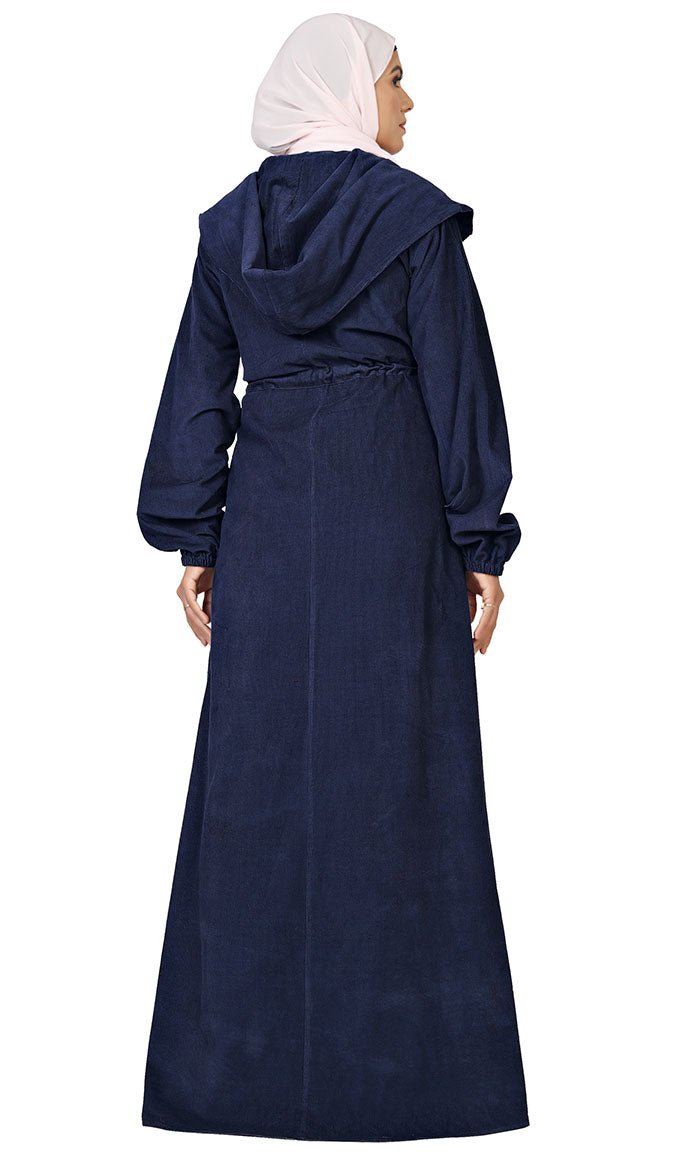 Women's Islamic Corduroy Drwstring And Hooded Detailing Jilbab - EastEssence.com