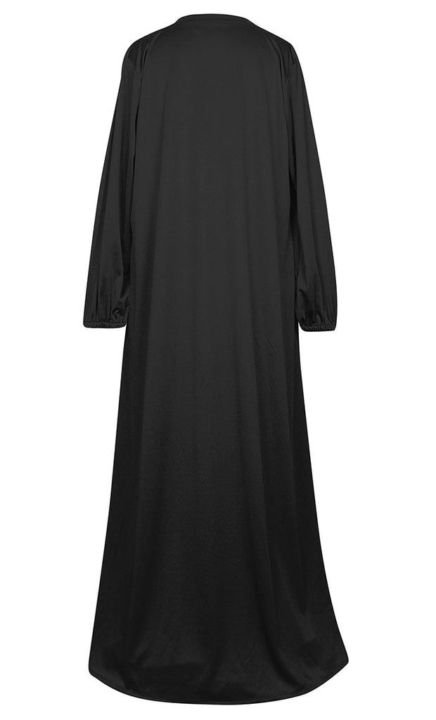 Women's Islamic Warm Black Hidden Button Abaya Detailing With Pockets - EastEssence.com
