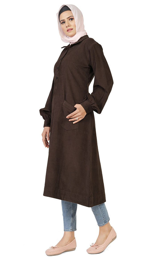 Women's Islamic Warm Brown Corduroy Collar Button Long Tunic - EastEssence.com