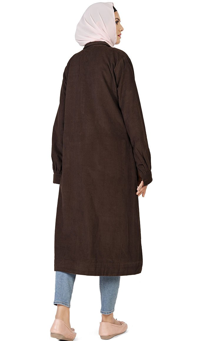 Women's Islamic Warm Brown Corduroy Collar Button Long Tunic - EastEssence.com