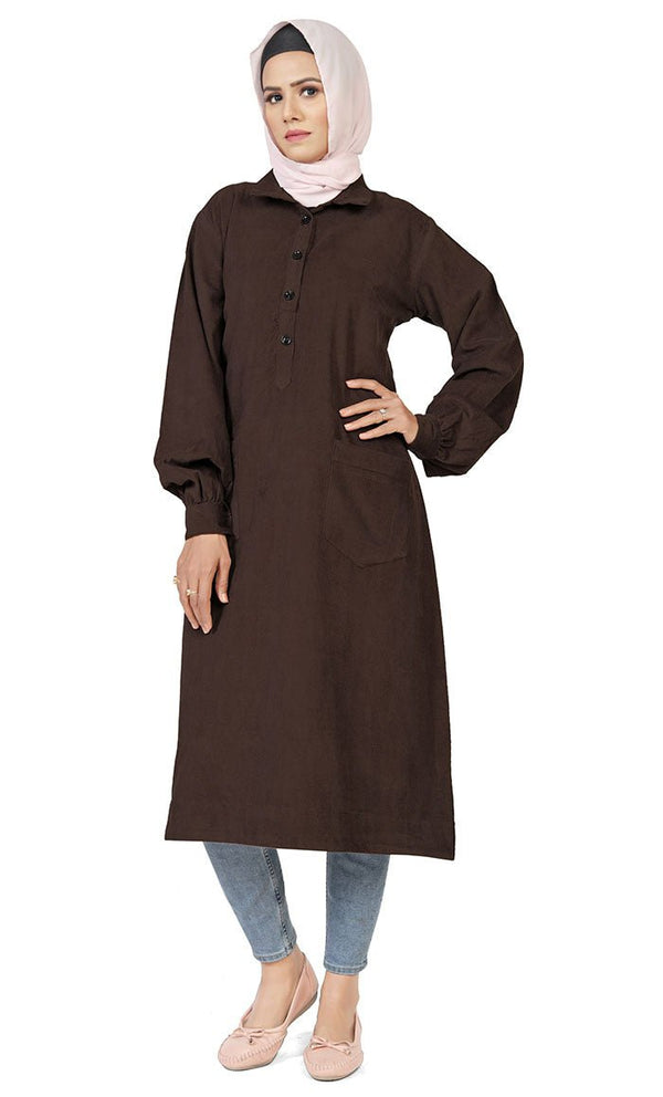 Women's Islamic Warm Brown Corduroy Collar Button Long Tunic - EastEssence.com