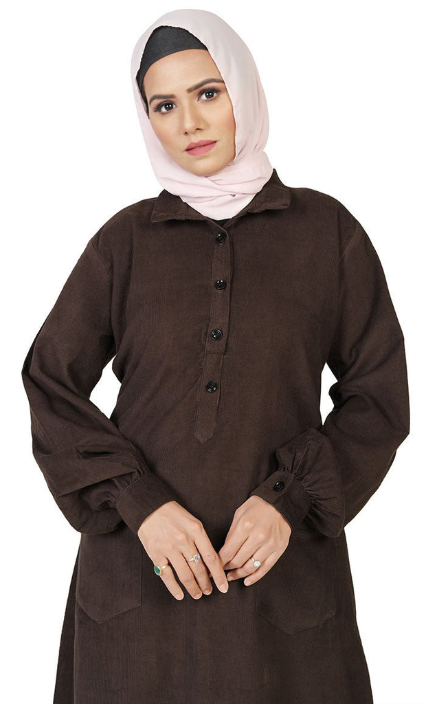 Women's Islamic Warm Brown Corduroy Collar Button Long Tunic - EastEssence.com