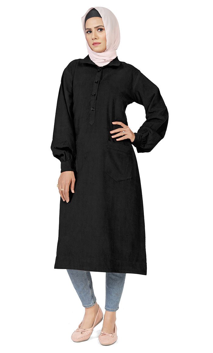 Women's Islamic Warm Corduroy Collar Button Black Long Tunic - EastEssence.com