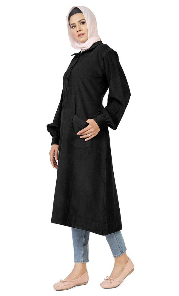 Women's Islamic Warm Corduroy Collar Button Black Long Tunic - EastEssence.com
