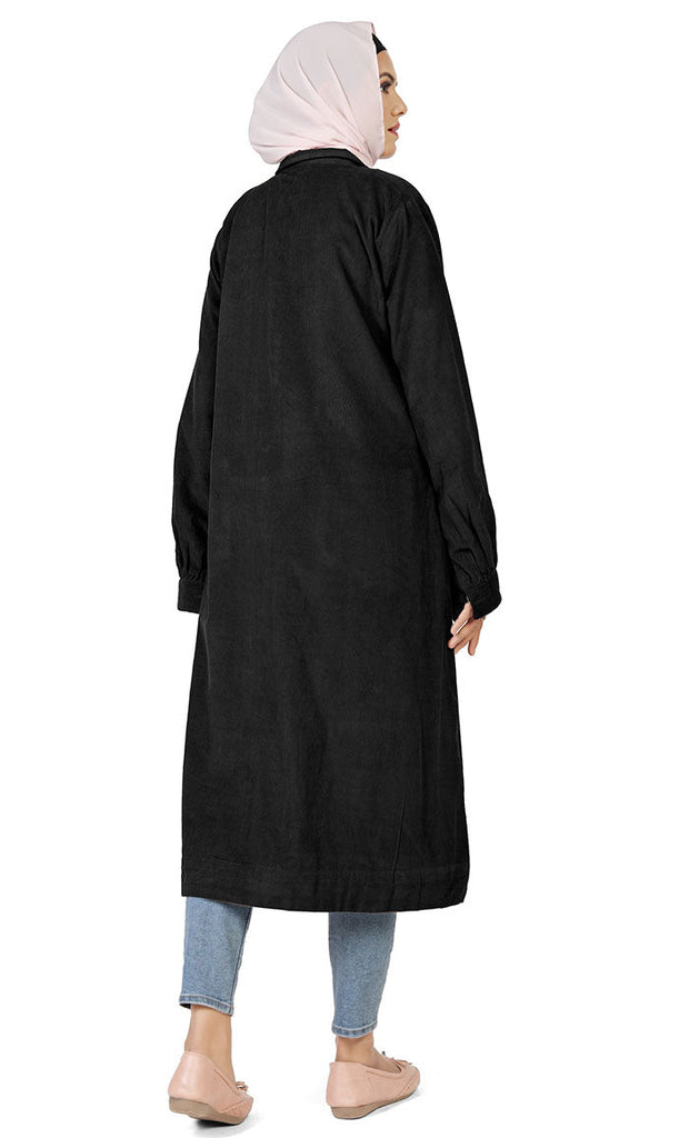 Women's Islamic Warm Corduroy Collar Button Black Long Tunic - EastEssence.com