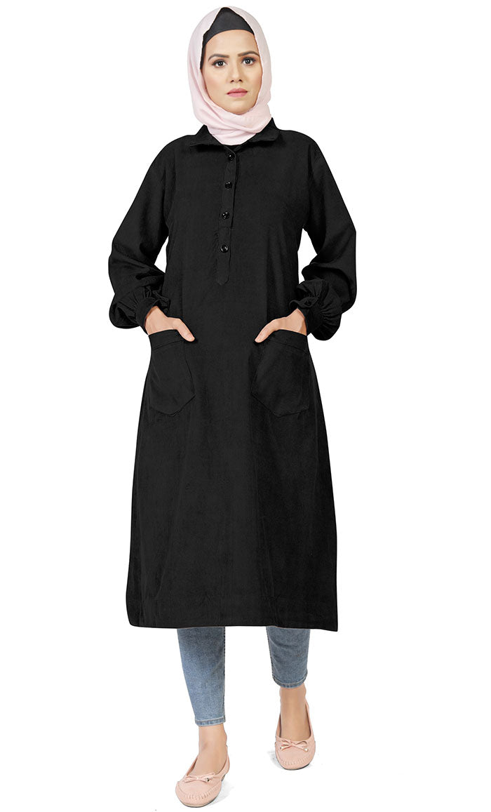 Women's Islamic Warm Corduroy Collar Button Black Long Tunic - EastEssence.com