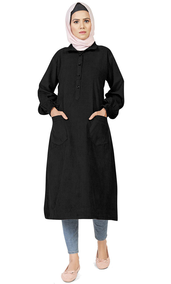 Women's Islamic Warm Corduroy Collar Button Black Long Tunic - EastEssence.com
