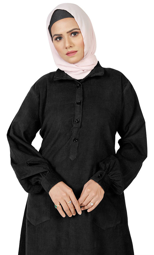 Women's Islamic Warm Corduroy Collar Button Black Long Tunic - EastEssence.com