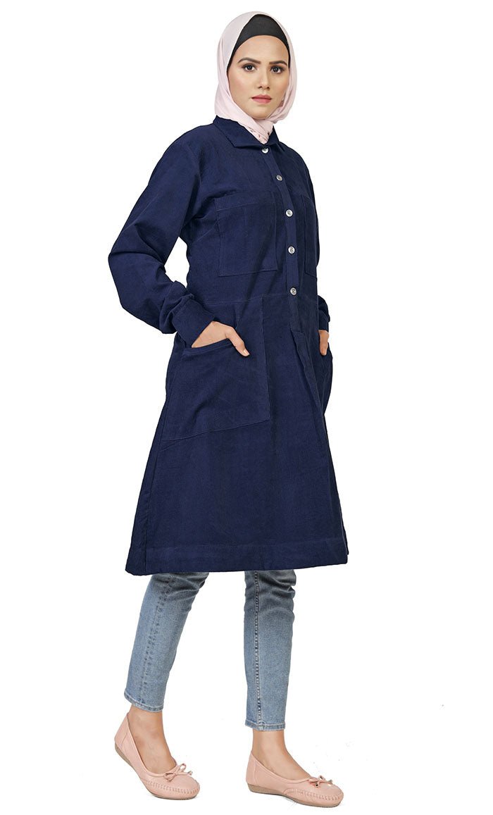 Women's Islamic Warm Corduroy Collar Button Navy Long Tunic - EastEssence.com