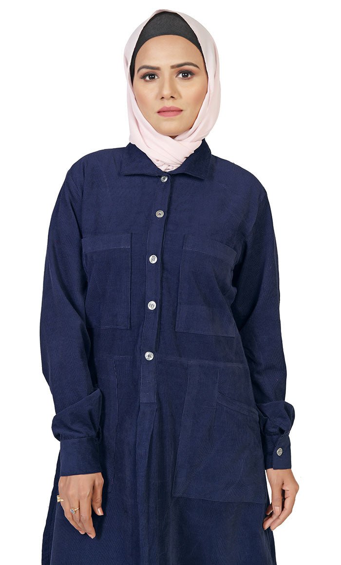 Women's Islamic Warm Corduroy Collar Button Navy Long Tunic - EastEssence.com